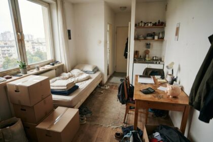 Petit studio étudiant encombré de cartons, avec lit une place et bureau où sont posés une calculatrice et une tirelire