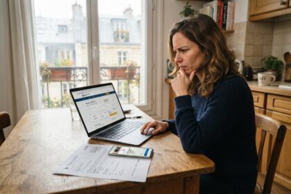 Une femme attablée dans une cuisine consulte un site de réservation sur son ordinateur portable, un devis posé devant elle
