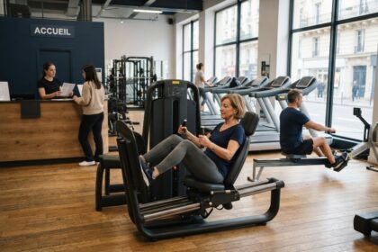 Femme sexagénaire sur une presse à cuisses dans une salle de sport, un homme au rameur et l'accueil en arrière-plan