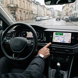 Conducteur sous la pluie touchant l'écran de navigation de sa voiture, le bouton de détresse juste à côté