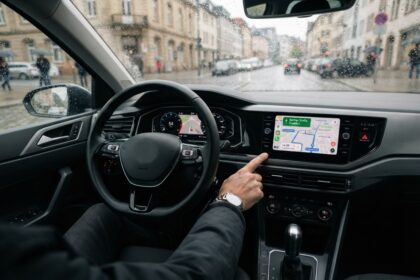 Conducteur sous la pluie touchant l'écran de navigation de sa voiture, le bouton de détresse juste à côté