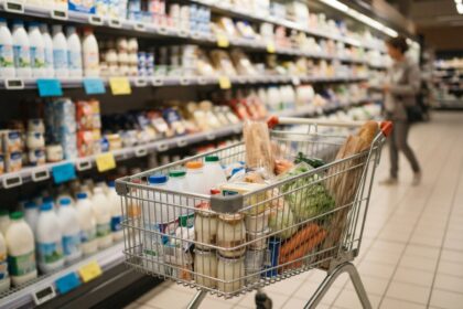 Caddie rempli de courses, pain, légumes et produits laitiers, dans le rayon frais d'un supermarché