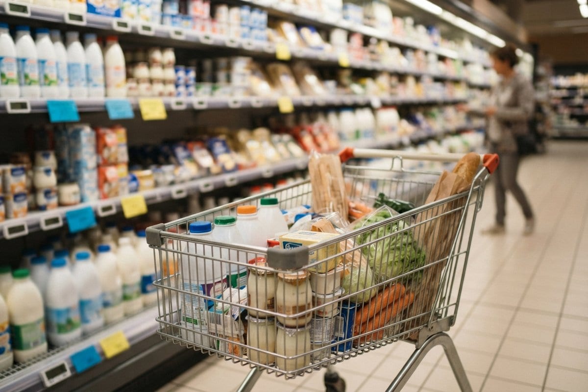 Caddie rempli de courses, pain, légumes et produits laitiers, dans le rayon frais d'un supermarché