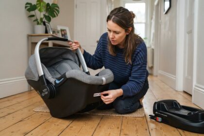 Une mère agenouillée dans un couloir vérifie l'étiquette sous une coque bébé Britax Römer vide, une base Isofix posée au sol