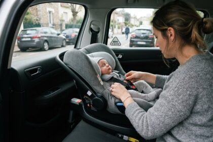 Une mère attache le harnais d'un bébé endormi dans un siège-coque gris dos à la route, fixé à l'arrière d'une voiture