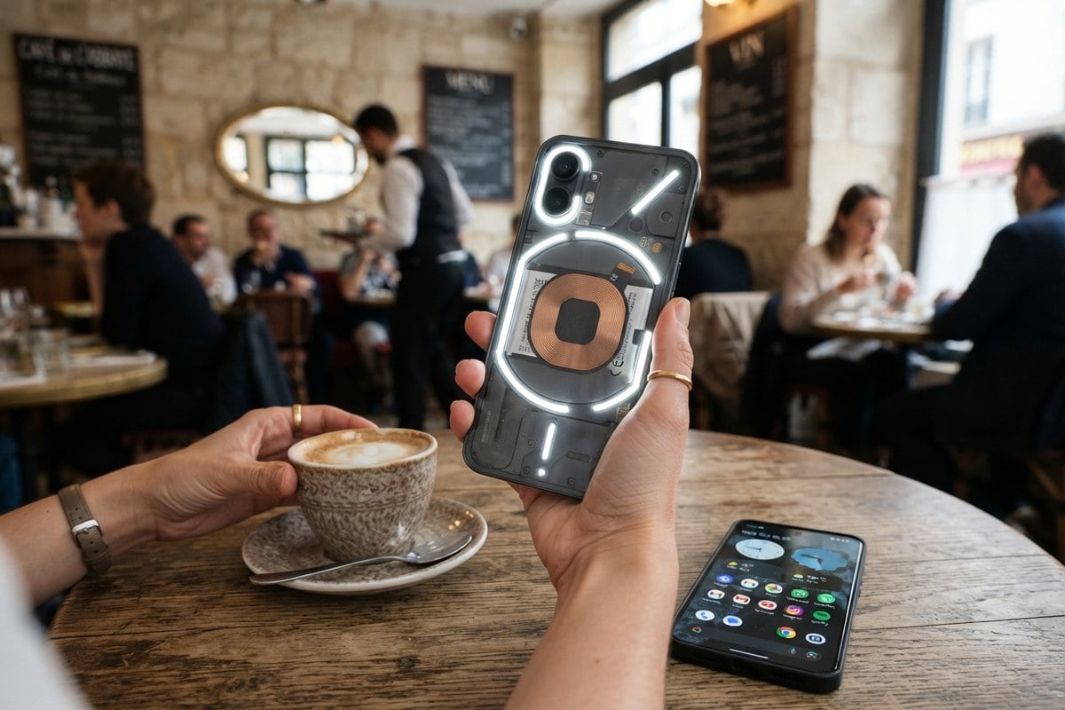 Main tenant un smartphone au dos transparent éclairé de bandes LED blanches, dans un café, près d'un cappuccino