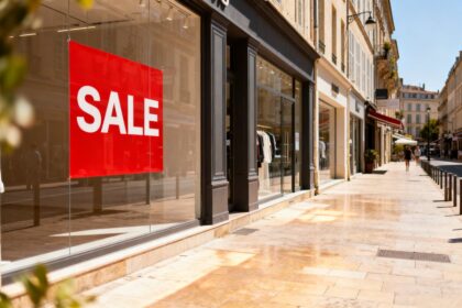 Vitrine d'une boutique de vêtements avec une affiche rouge de soldes, dans une rue commerçante déserte en plein soleil