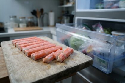 Bâtonnets de surimi rose et blanc sur une planche en bois, près du bac ouvert d'un réfrigérateur en cuisine