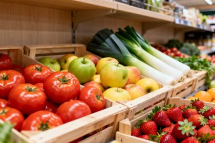Étal de fruits et légumes bio présentés dans des cageots en bois dans un rayon de supermarché