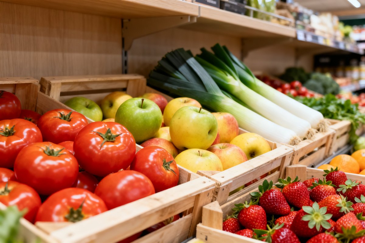 Étal de fruits et légumes bio présentés dans des cageots en bois dans un rayon de supermarché