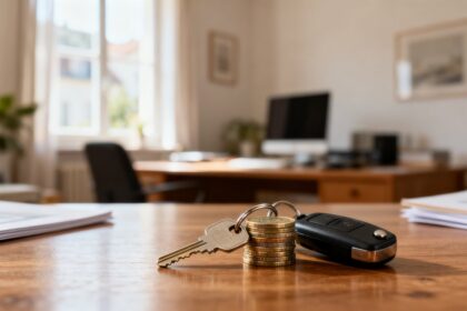 Une clé de maison et une clé de voiture posées près d'une pile de pièces de monnaie sur un bureau en bois