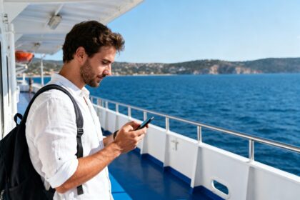 Un voyageur consulte son smartphone sur le pont d'un ferry, la mer et une côte ensoleillée en arrière-plan.