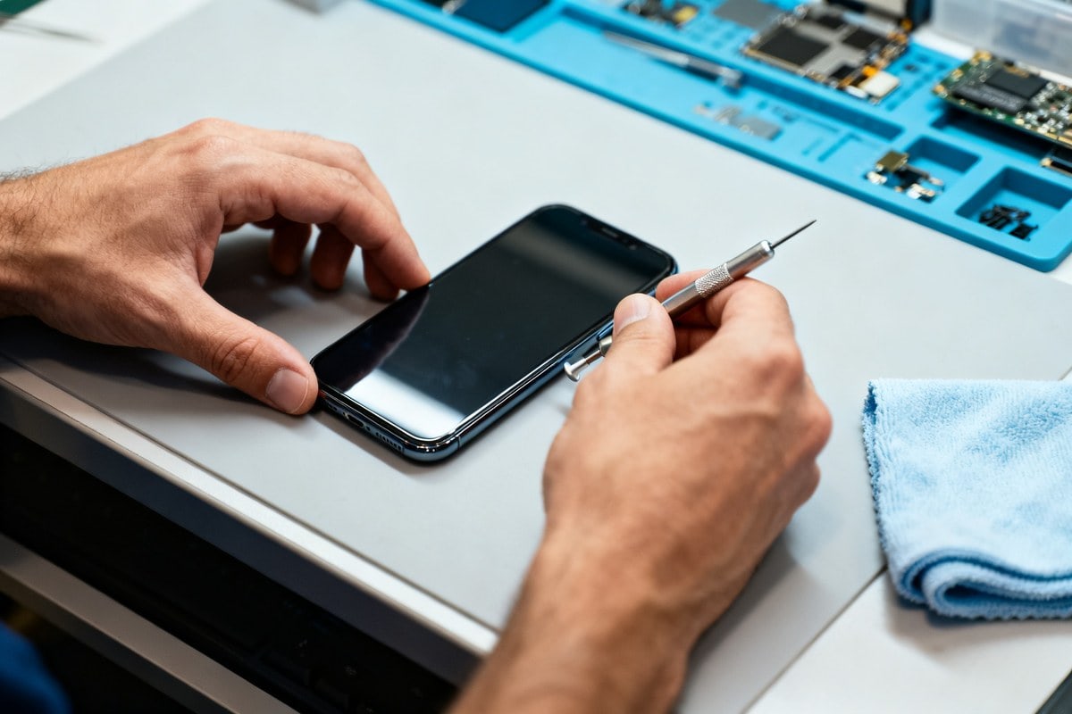 Smartphone reconditionné en cours de vérification sur un comptoir d'atelier