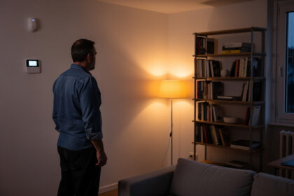 Particulier dans son salon le soir face à un boîtier d'alarme mural et à un capteur de télésurveillance