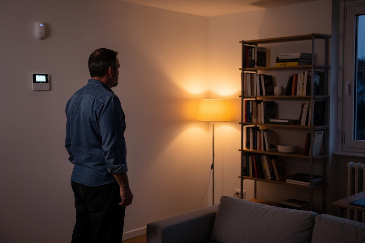 Particulier dans son salon le soir face à un boîtier d'alarme mural et à un capteur de télésurveillance