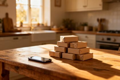 Petits colis en carton posés près d'un smartphone sur une table de cuisine en bois.