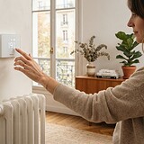 Une femme règle un thermostat connecté blanc affichant 19,5 °C, au-dessus d'un radiateur en fonte d'un appartement