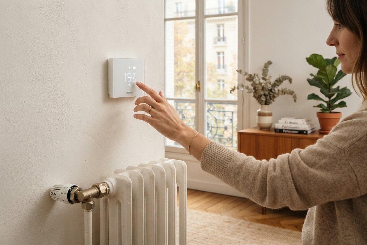 Une femme règle un thermostat connecté blanc affichant 19,5 °C, au-dessus d'un radiateur en fonte d'un appartement