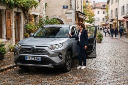 Toyota RAV4 gris garé dans une rue pavée, une femme debout près de la portière conducteur ouverte