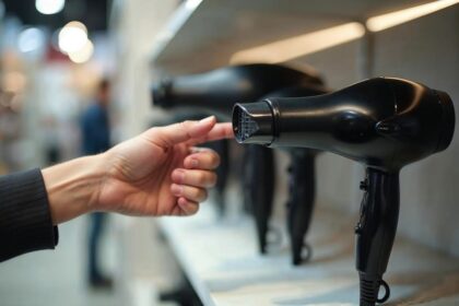 Une main hésite entre deux sèche-cheveux exposés sur le rayon d'un magasin d'électroménager.