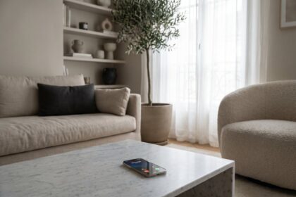 Smartphone posé sur une table basse dans un salon, à proximité d'une fenêtre