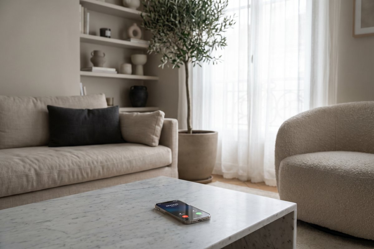 Smartphone posé sur une table basse dans un salon, à proximité d'une fenêtre