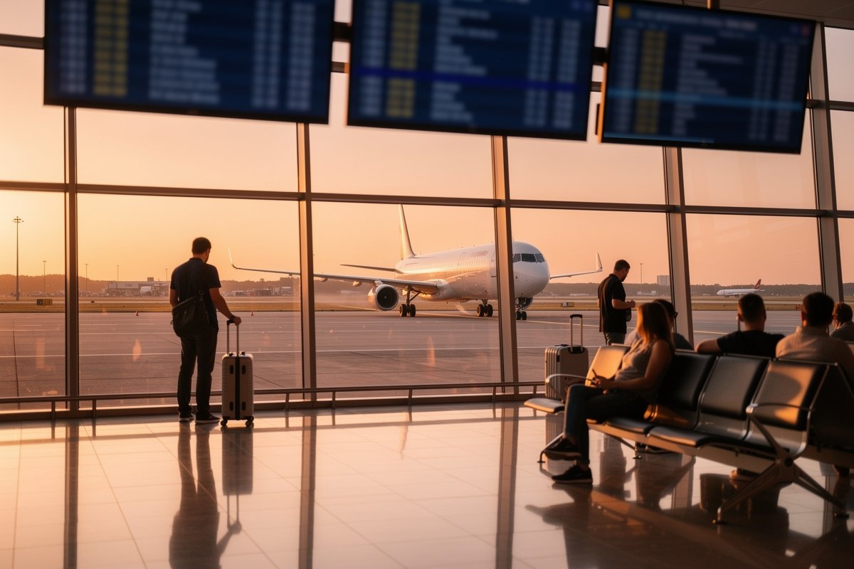 Avion de ligne sur le tarmac d'un aéroport au coucher du soleil, voyageurs avec bagages près des portes d'embarquement.