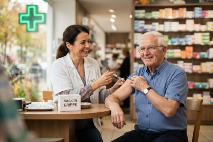 Pharmacienne injectant un vaccin dans le bras d'un homme âgé souriant, une boîte Vaccin grippe posée sur la table