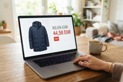Ordinateur portable affichant une fiche produit avec un prix barré à 89 euros et un prix remisé à 44,50 euros