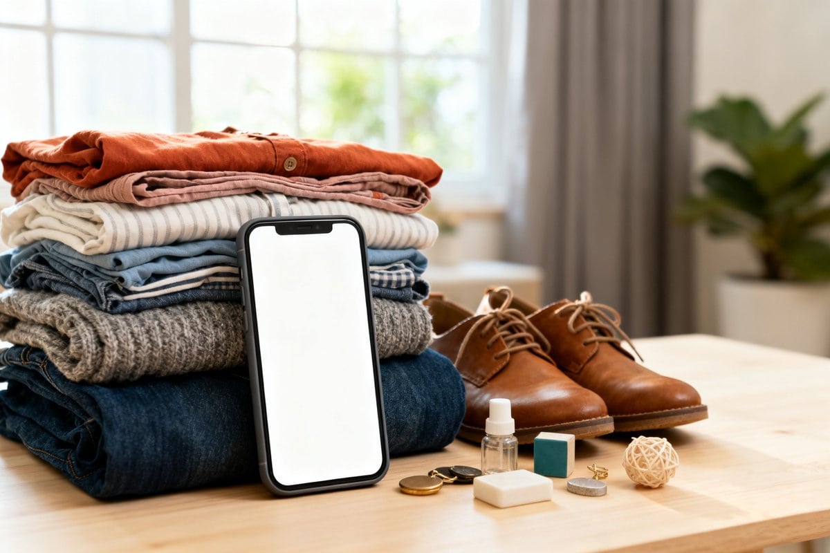 Vêtements et objets d'occasion pliés sur une table en bois à côté d'un smartphone, prêts pour une vente en ligne.