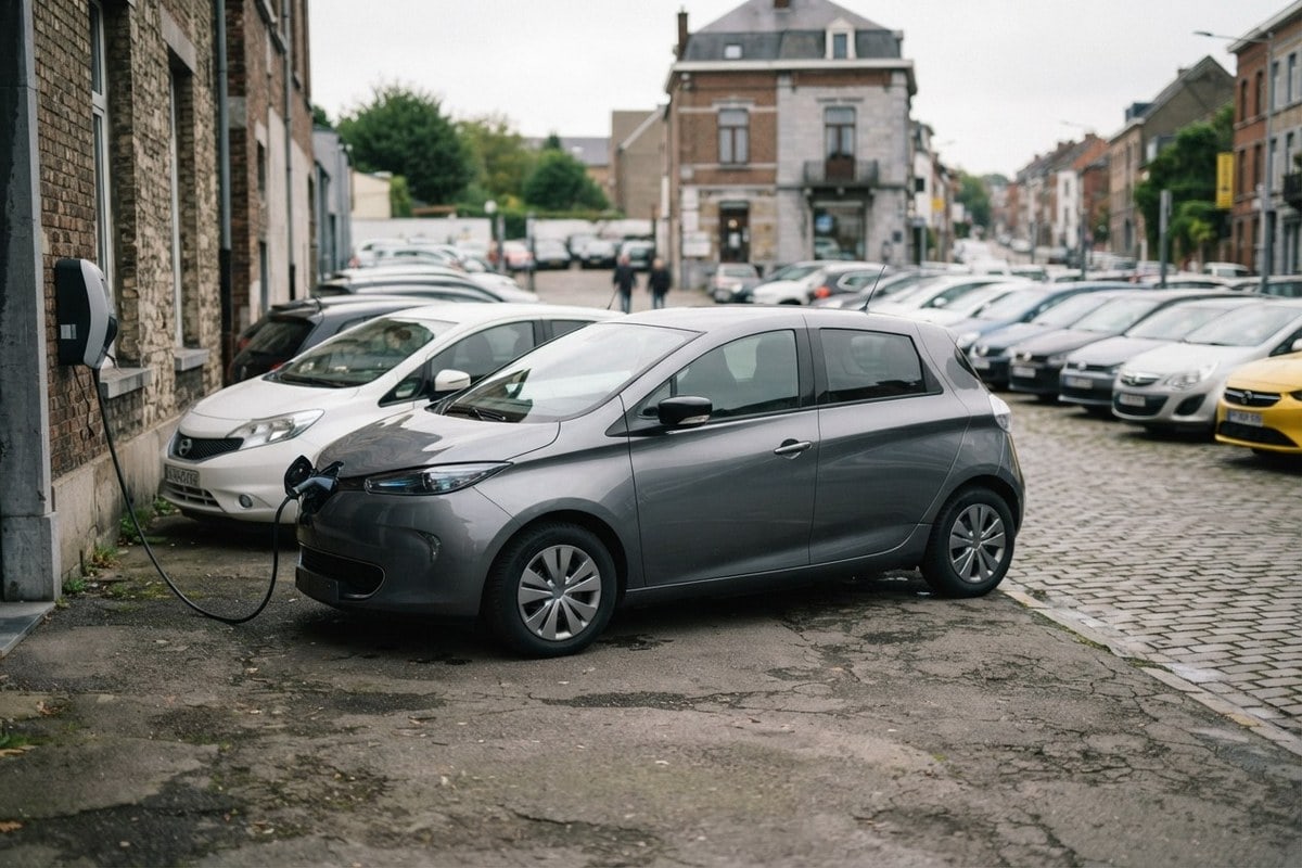 Petite voiture électrique grise en charge le long d'une rue pavée bordée de voitures d'occasion