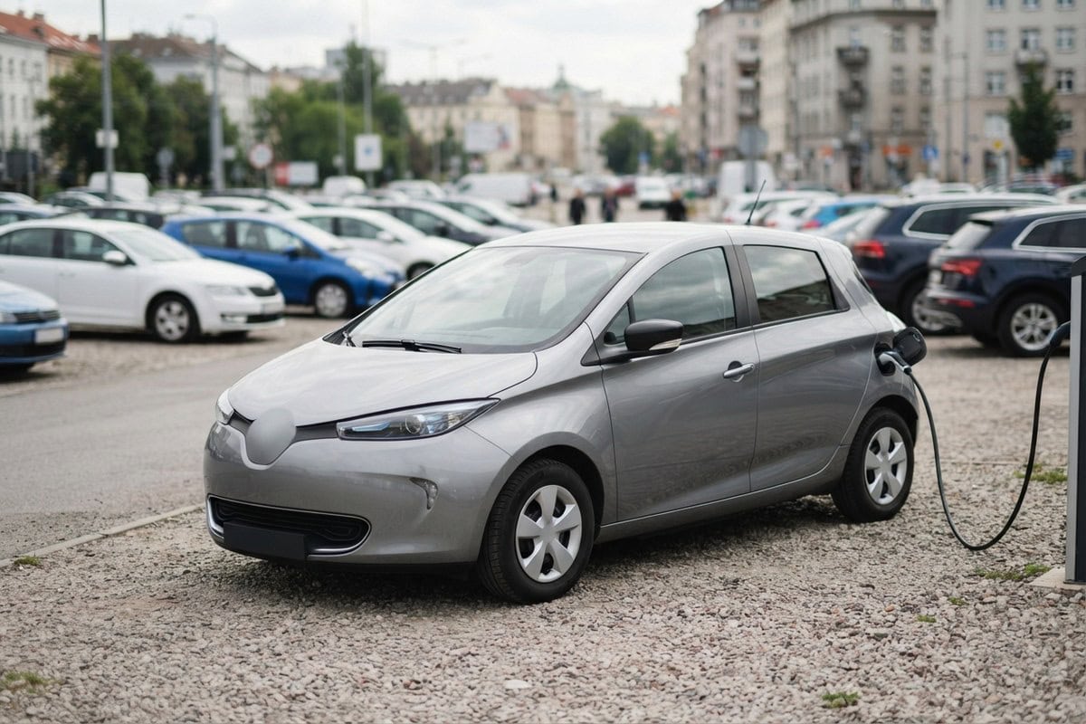 Voiture électrique compacte grise en charge sur un parking de voitures d'occasion, câble branché sur la prise latérale.