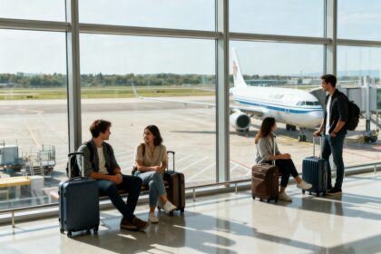 Voyageurs avec valises patientant dans un terminal d'aeroport, un avion stationne visible sur le tarmac