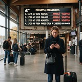 Voyageuse consultant son téléphone devant un tableau des départs affichant trois vols Volotea annulés