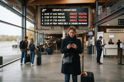 Voyageuse consultant son téléphone devant un tableau des départs affichant trois vols Volotea annulés