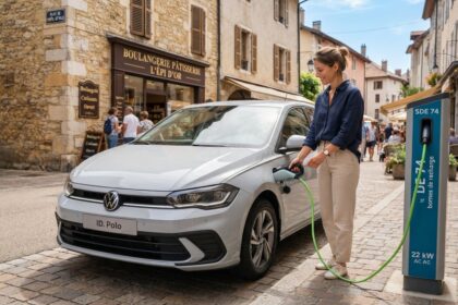 Femme branchant une Volkswagen grise sur une borne de recharge devant une boulangerie, dans une rue pavée