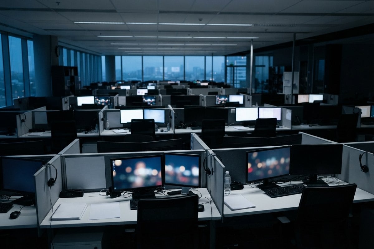 Bureau de centre d'appels désert au crépuscule, rangées de postes équipés de casques et d'écrans allumés