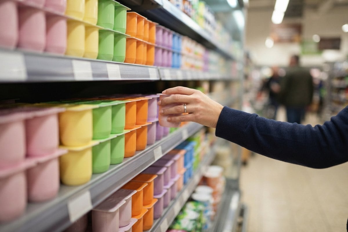 Une main saisit un pot de yaourt coloré sur un rayon frais de supermarché garni de pots pastel