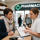 Une pharmacienne montre une ordonnance sur un porte-bloc à une cliente au comptoir d'une pharmacie