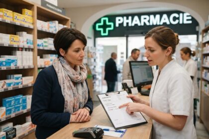 Une pharmacienne montre une ordonnance sur un porte-bloc à une cliente au comptoir d'une pharmacie